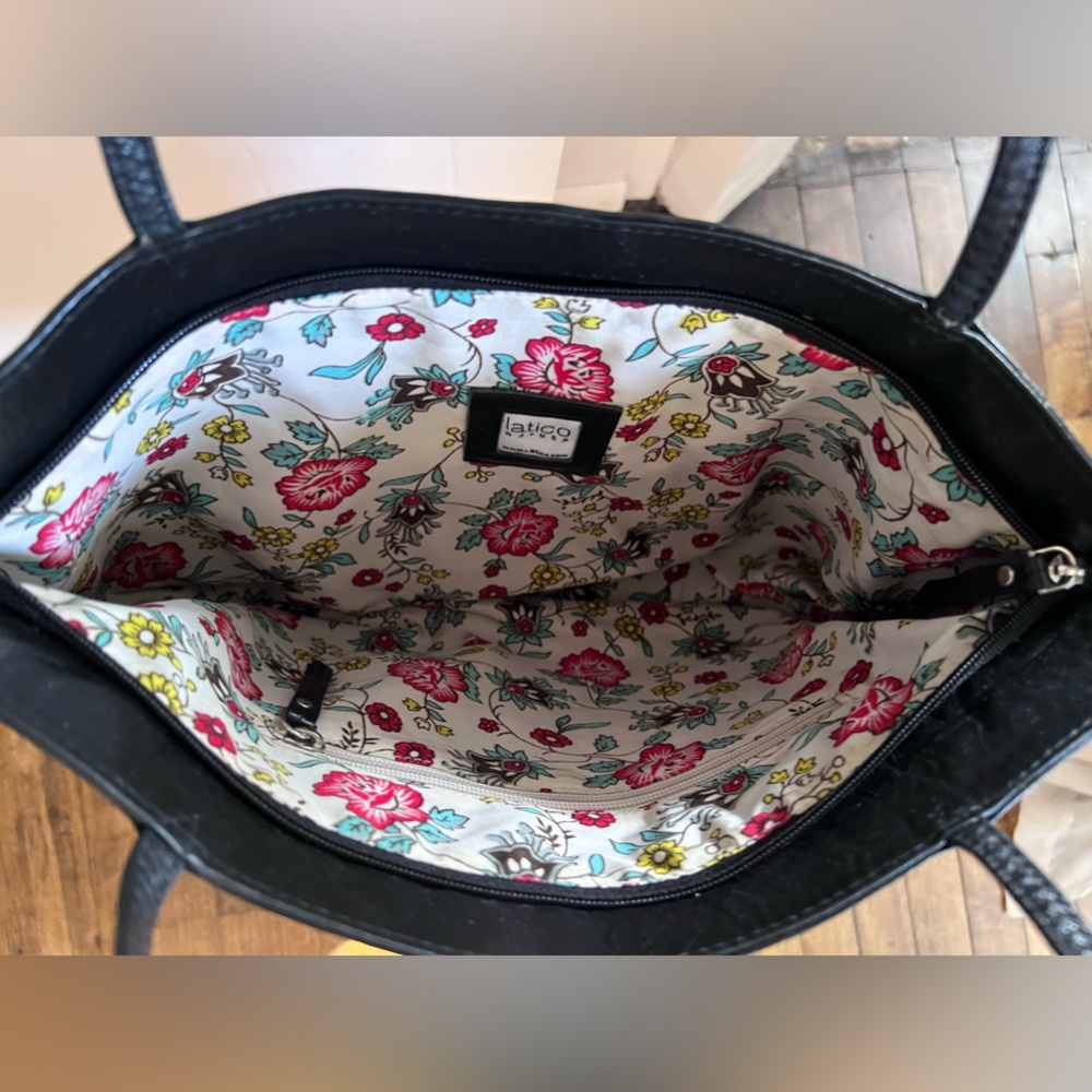 Latico leather black tote with floral lining.